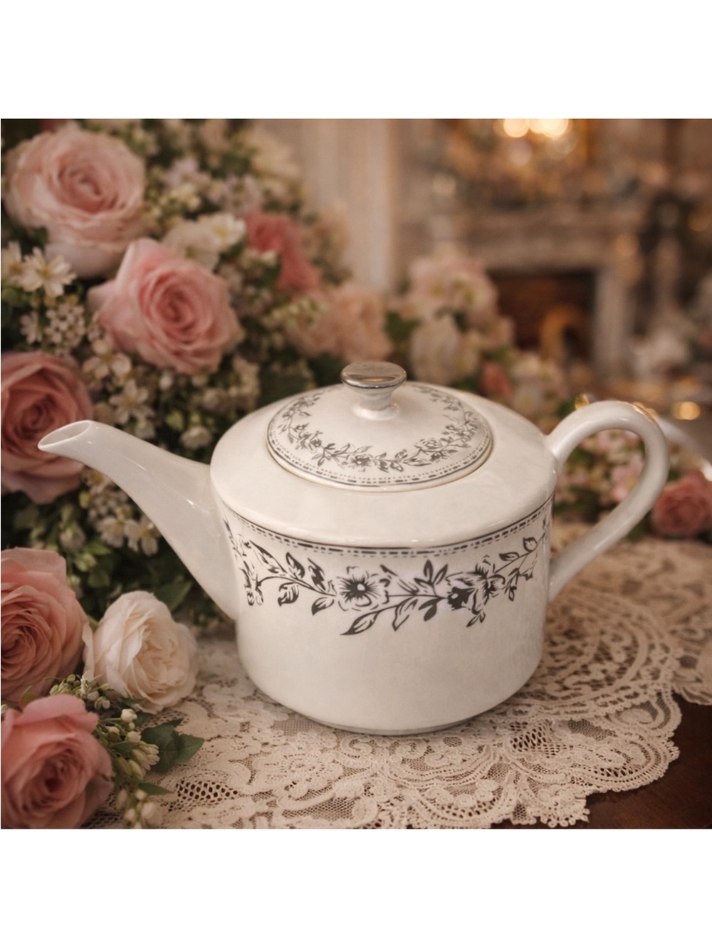 Floral White Teapot with Silver Accents